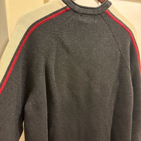 Men's vintage Eddie Bauer dark gray Sweater with Red & Cream Stripes size Large - Picture 9 of 9